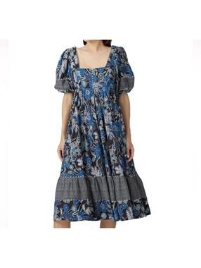 Ulla Johnson Blue Floral Nora Midi Dress Cotton Blend Boho Cottage Size 2